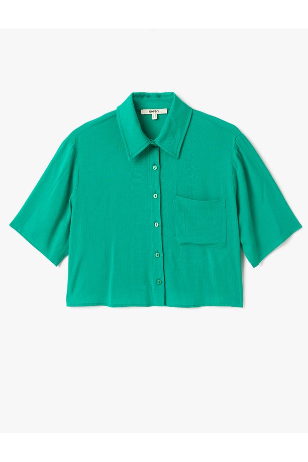 Cep Detaylı Kısa Kollu Viskon Crop Oversize Gömlek - 3