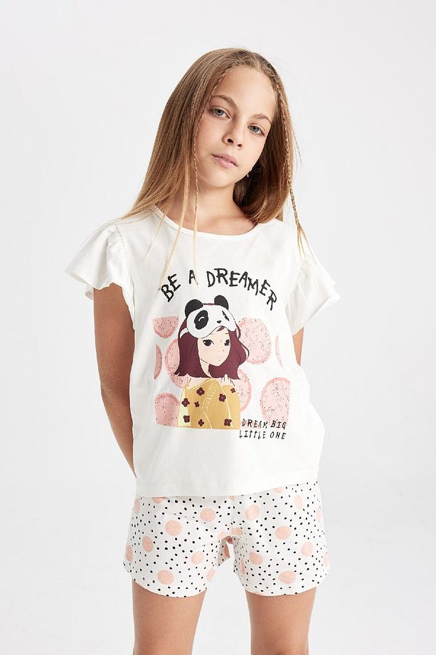Kız Çocuk Pijama Takımı Bisiklet Yaka Baskılı Kısa Kollu Üst Şort D2066a824sm - 4