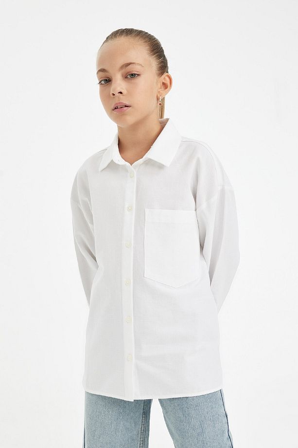 Kız Çocuk Oversize Geniş Kalıp Poplin Basic Düz Uzun Kollu Beyaz Okul Gömleği C7482a824au - 4