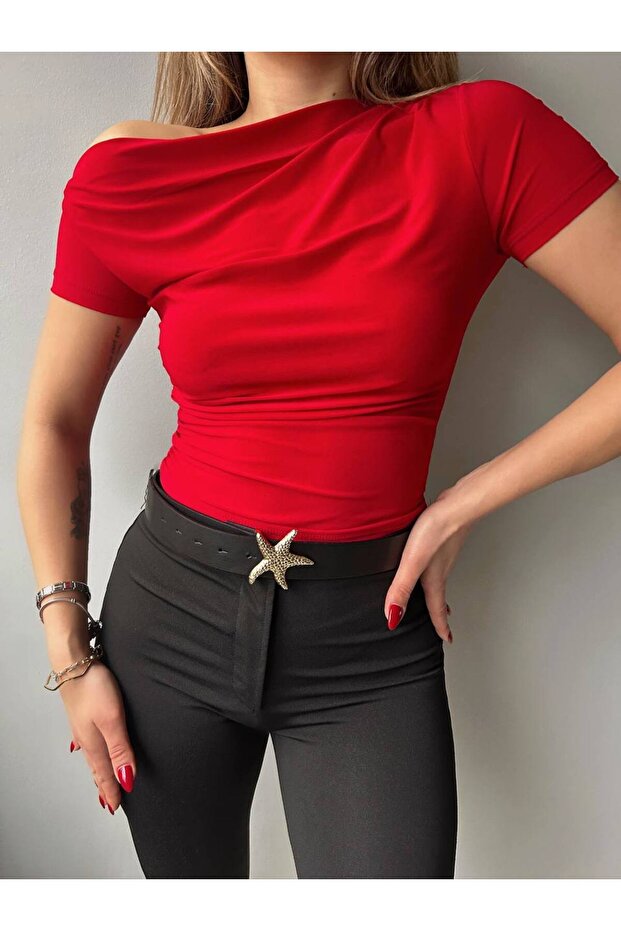 Gathered Short Sleeve One Shoulder