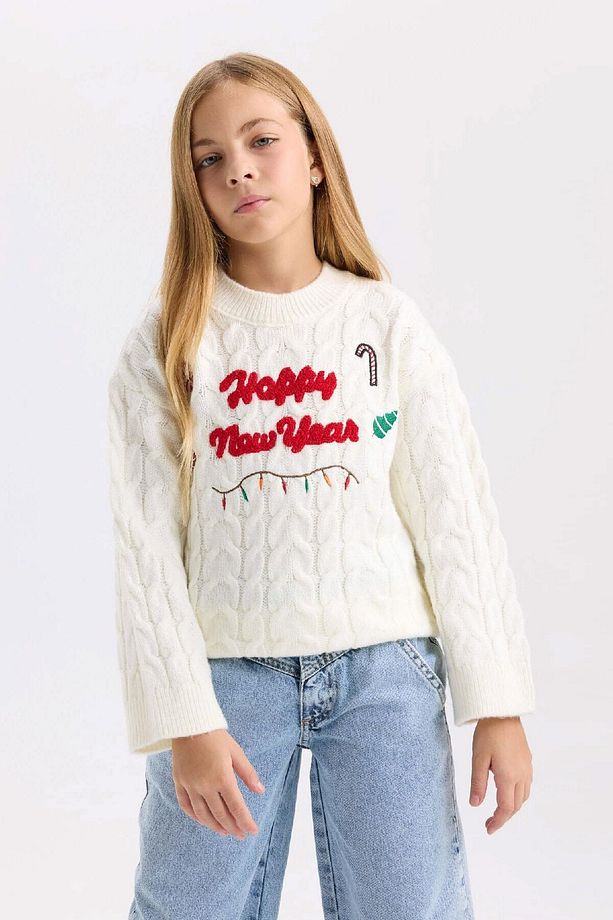 Kız Çocuk Ekru Oversize Geniş Kalıp Bisiklet Yaka Yılbaşı Temalı Triko Kazak D2673a824wn - 6