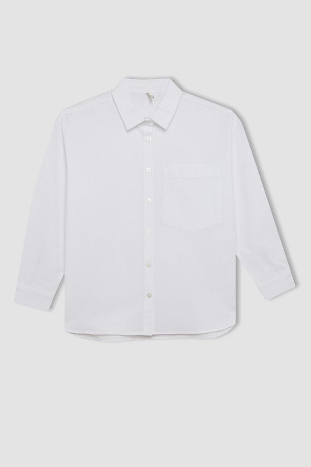 Kız Çocuk Oversize Geniş Kalıp Poplin Basic Düz Uzun Kollu Beyaz Okul Gömleği C7482a824au - 7