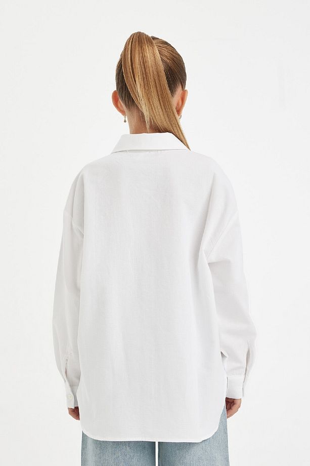 Kız Çocuk Oversize Geniş Kalıp Poplin Basic Düz Uzun Kollu Beyaz Okul Gömleği C7482a824au - 6