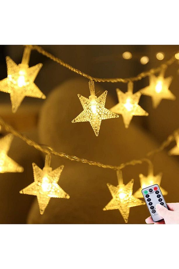 12 Metre 100 Led Yıldız Usb Çalışan Sarı Işık Kumandalı 8 Modlu Ev Bahçe Balkon Ağaç Çit Sü - 3