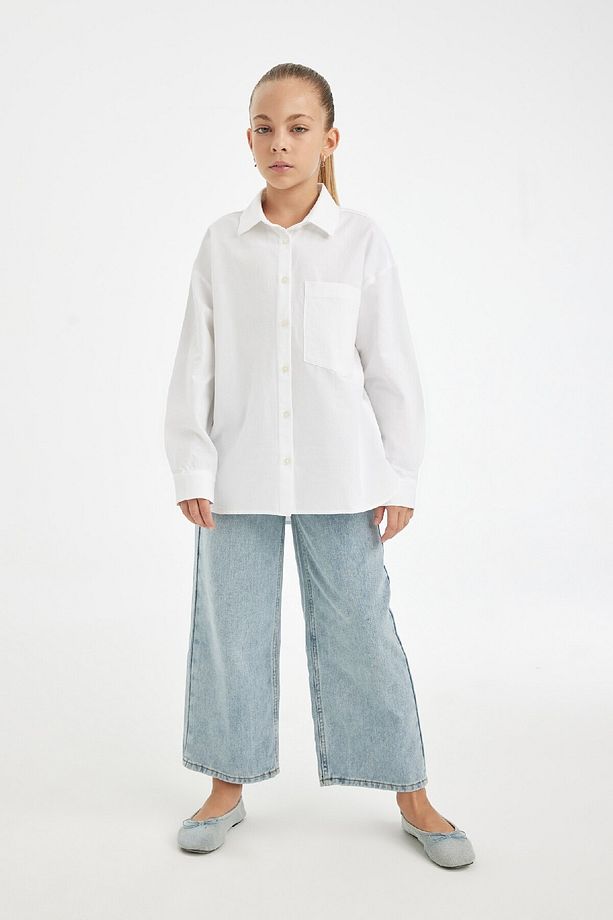 Kız Çocuk Oversize Geniş Kalıp Poplin Basic Düz Uzun Kollu Beyaz Okul Gömleği C7482a824au - 3