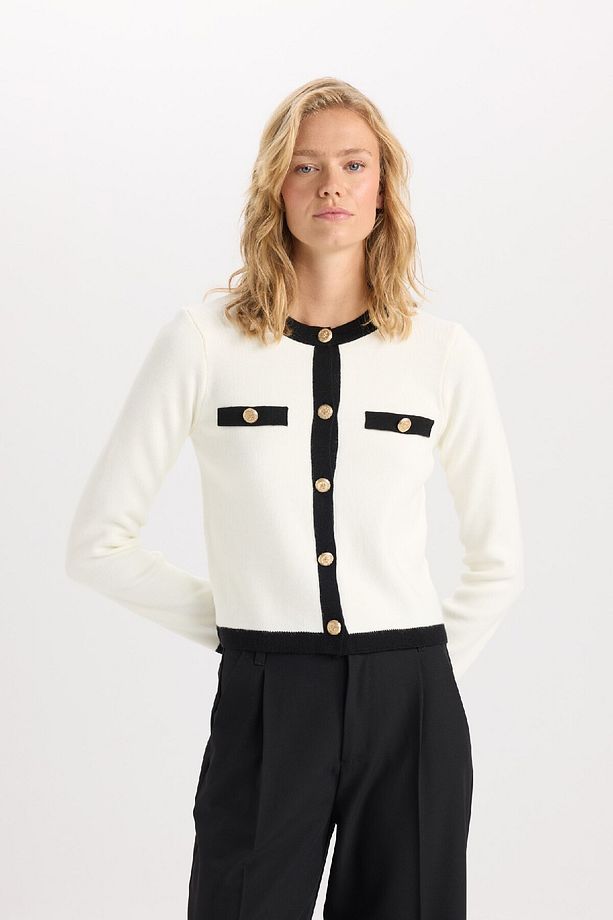 Regular Fit Bisiklet Yaka Düğmeli Basic Düz Triko Hırka C1482ax24wn - 4