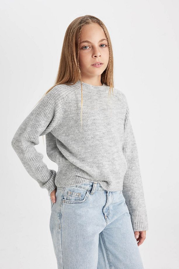 Kız Çocuk Gri Bisiklet Yaka Basic Düz Triko Kazak C9554a824au - 3