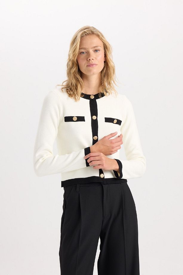 Regular Fit Bisiklet Yaka Düğmeli Basic Düz Triko Hırka C1482ax24wn - 3