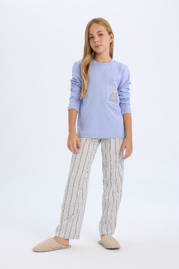 Kız Çocuk Pijama Takım Bisiklet Yaka Uzun Kollu Üst Beli Lastikli Uzun Alt D2112a824au - 1