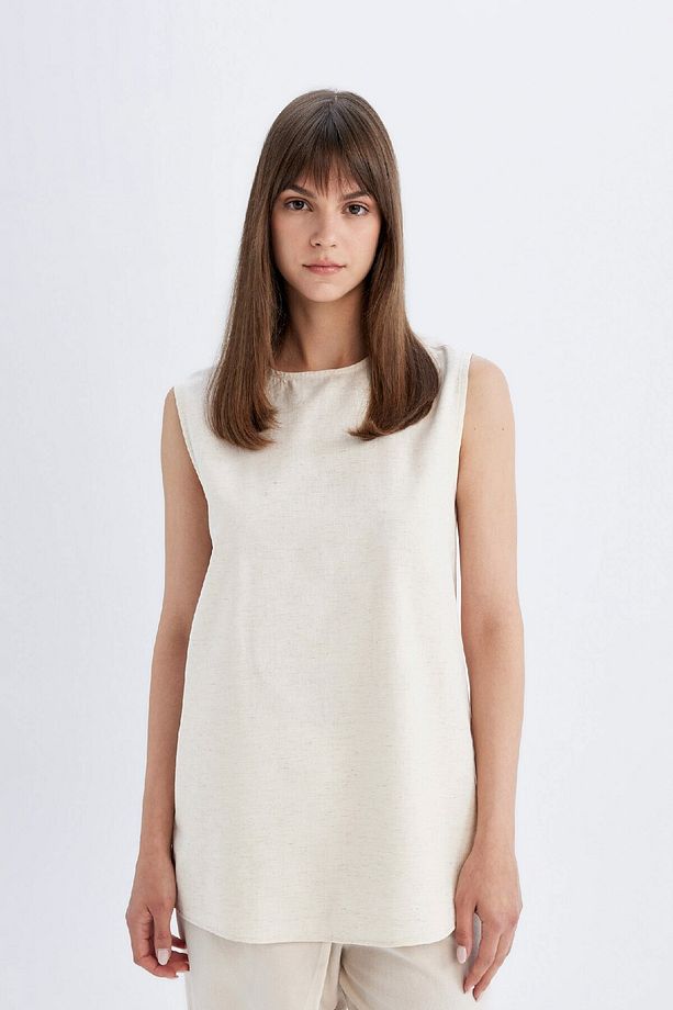 Regular Fit Bisiklet Yaka Basic Düz Keten Karışımlı Kolsuz Tunik D2953ax24hs - 3