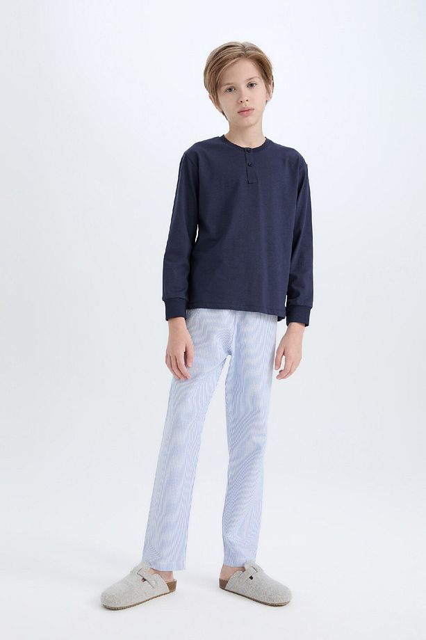 Erkek Çocuk Pijama Takımı Dokuma Bisiklet Yaka Uzun Kollu Üst Çizgili Alt D2894a824wn - 1