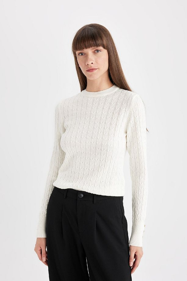 Regular Fit Bisiklet Yaka Saç Örgülü Düğmeli Siyah Triko Kazak X7713az24wn - 3