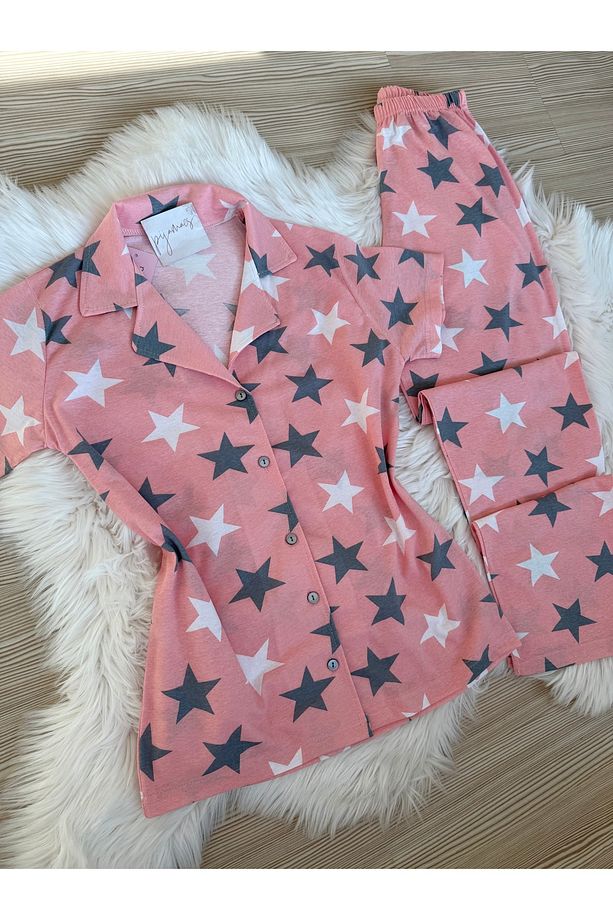 Pembe Yıldız Desenli Pamuklu Kısa Kol Gömlek Yaka Pijama Takımı - 6
