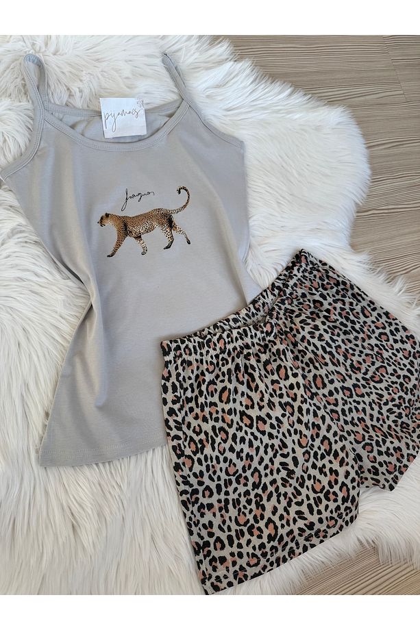 Leopar Desenli Pamuklu İp Askılı Şortlu Pijama Takımı - 5
