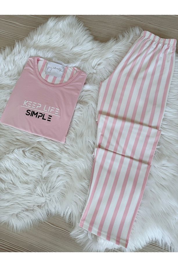 Pembe Çizgili Desenli Kısa Kollu Örme Pijama Takımı - 3