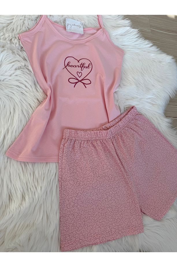 Pembe Mini Kalp Desenli Pamuklu İp Askılı Şortlu Pijama Takımı - 4