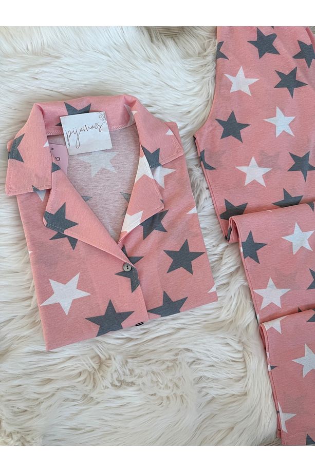 Pembe Yıldız Desenli Pamuklu Kısa Kol Gömlek Yaka Pijama Takımı - 3