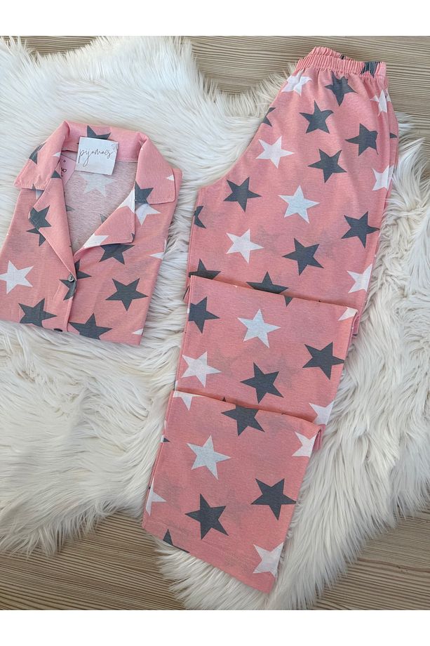 Pembe Yıldız Desenli Pamuklu Kısa Kol Gömlek Yaka Pijama Takımı - 4
