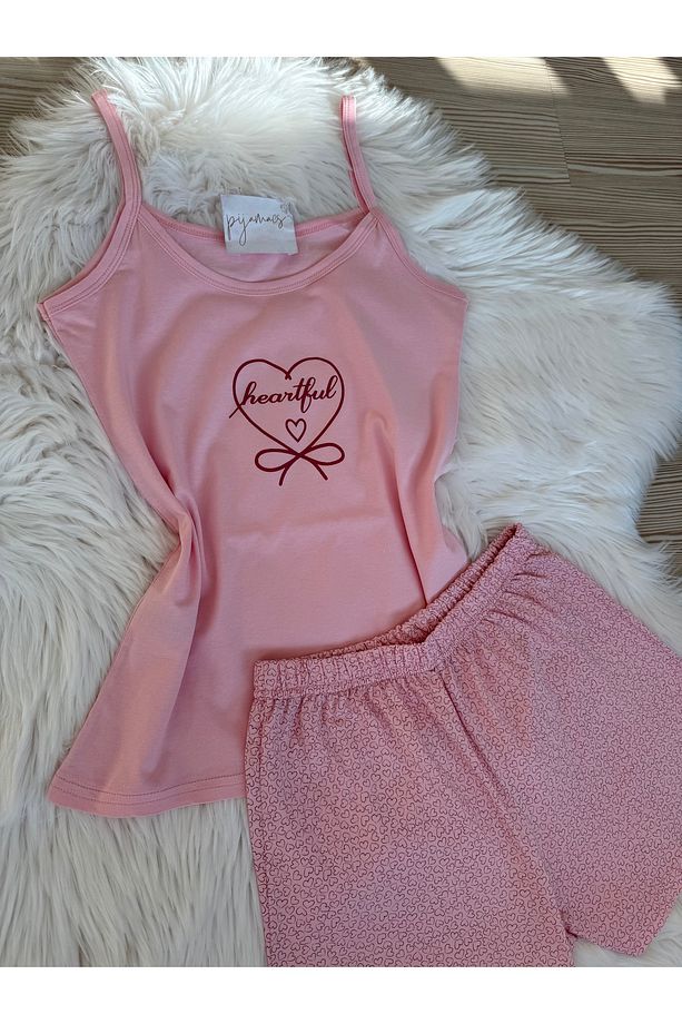 Pembe Mini Kalp Desenli Pamuklu İp Askılı Şortlu Pijama Takımı - 2