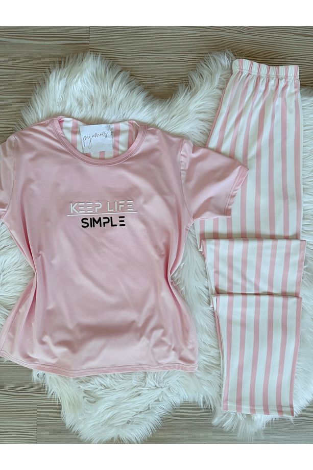Pembe Çizgili Desenli Kısa Kollu Örme Pijama Takımı - 8