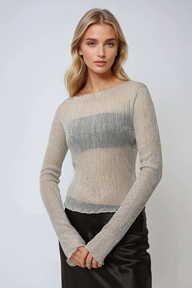 Simli Bisiklet Yaka Fitilli Bluz - 2