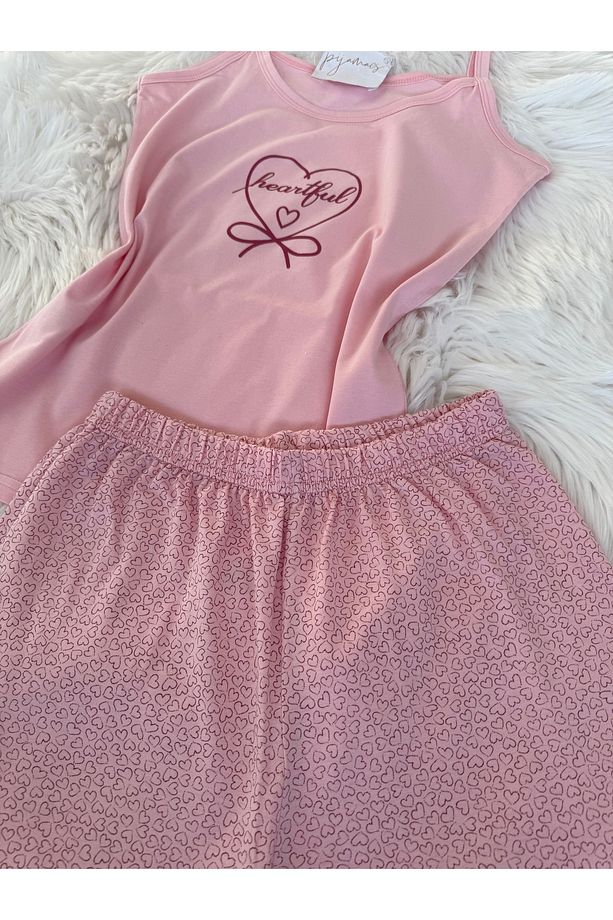 Pembe Mini Kalp Desenli Pamuklu İp Askılı Şortlu Pijama Takımı - 8