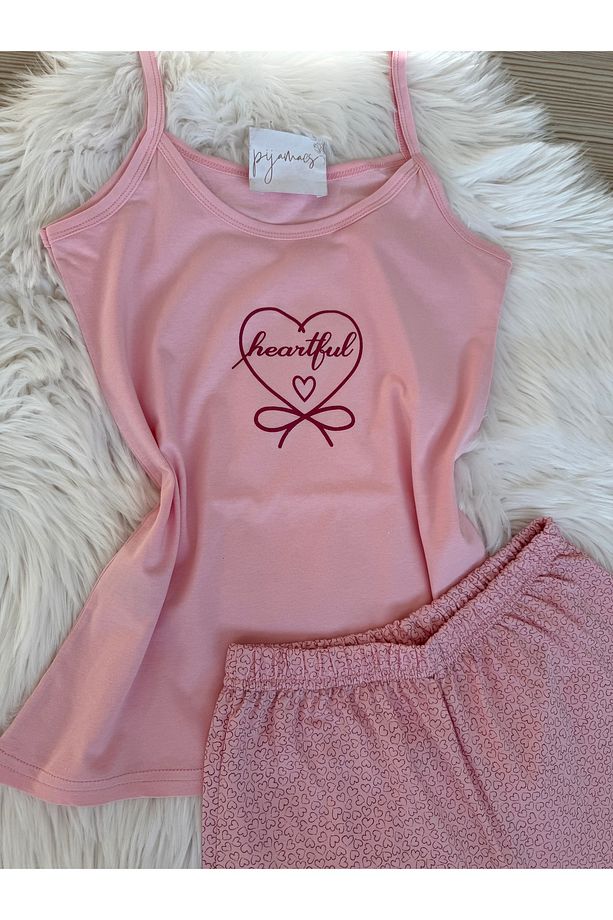 Pembe Mini Kalp Desenli Pamuklu İp Askılı Şortlu Pijama Takımı - 3