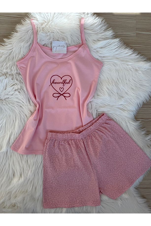 Pembe Mini Kalp Desenli Pamuklu İp Askılı Şortlu Pijama Takımı - 1
