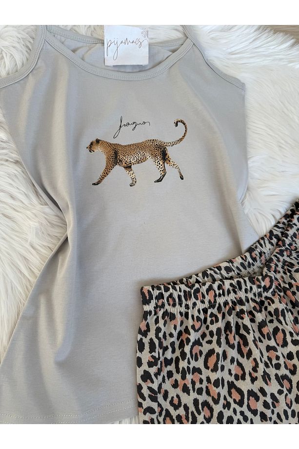 Leopar Desenli Pamuklu İp Askılı Şortlu Pijama Takımı - 6