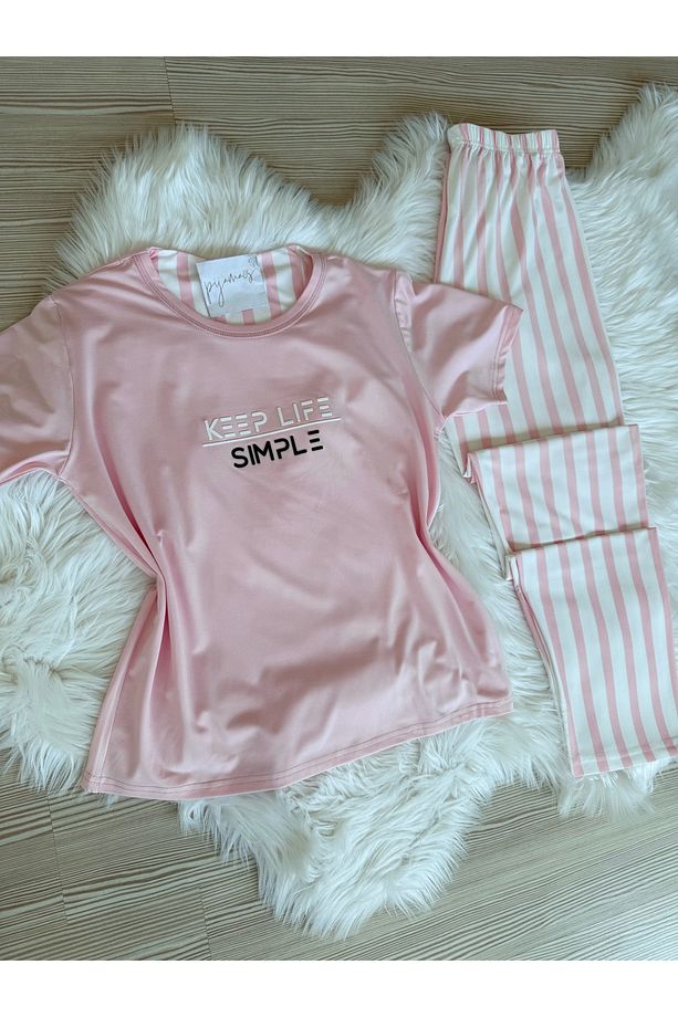 Pembe Çizgili Desenli Kısa Kollu Örme Pijama Takımı - 5