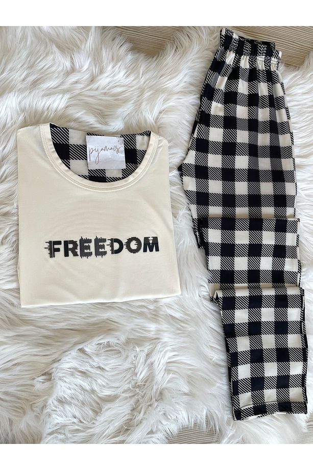 Ekru Ekose Desenli Kısa Kollu Örme Pijama Takımı - 3
