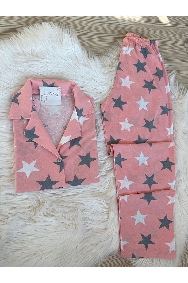 Pembe Yıldız Desenli Pamuklu Kısa Kol Gömlek Yaka Pijama Takımı - 2