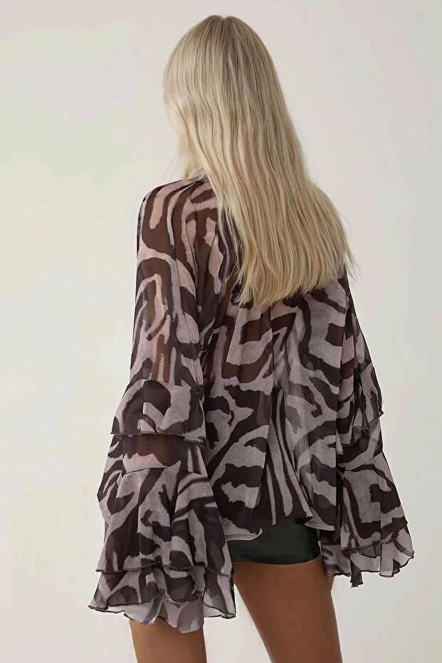 Zebra Desenli Fırfır Kollu Bluz - 5