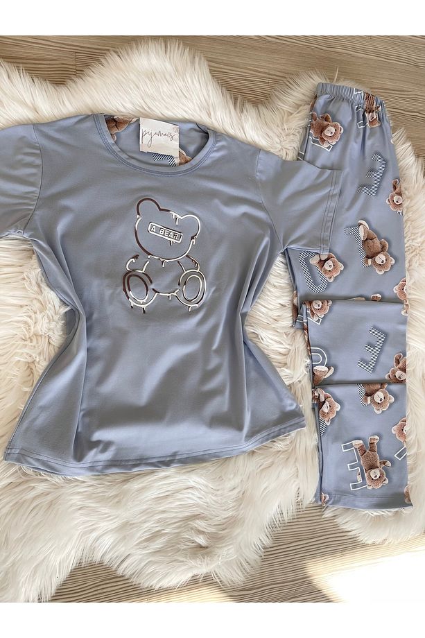 Mavi Ayıcık Desenli Kısa Kollu Örme Pijama Takımı - 7