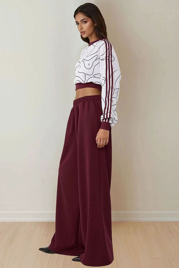 Lastikli Bel ve Geniş Paça Örme Pantolon - 5