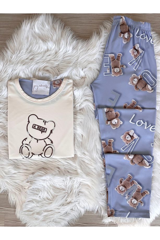 Ekru Ayıcık Desenli Kısa Kollu Örme Pijama Takımı - 1