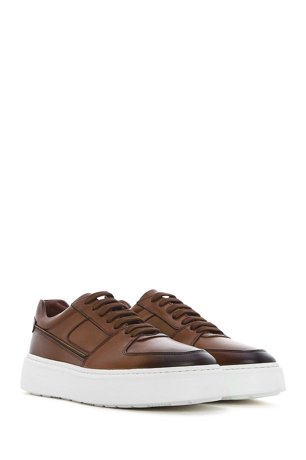 Erkek Taba Bağcıklı Kalın Tabanlı Deri Sneaker 25SFD724218 - 3