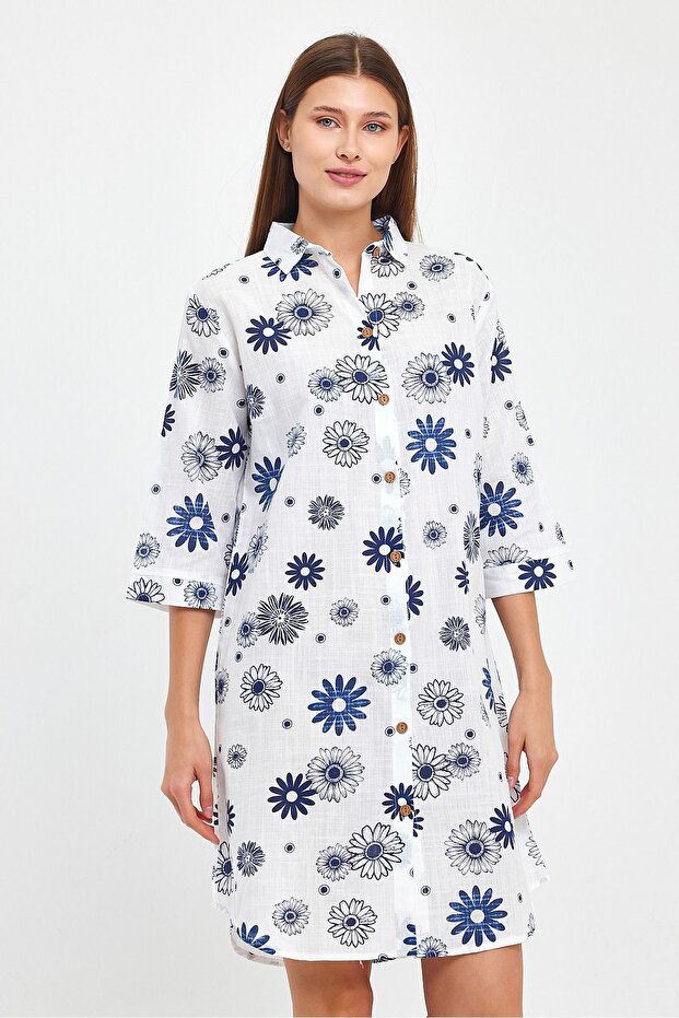 Patterned Three Quarter Sleeve Tunic - Full Button - Slub Tunic - 1550