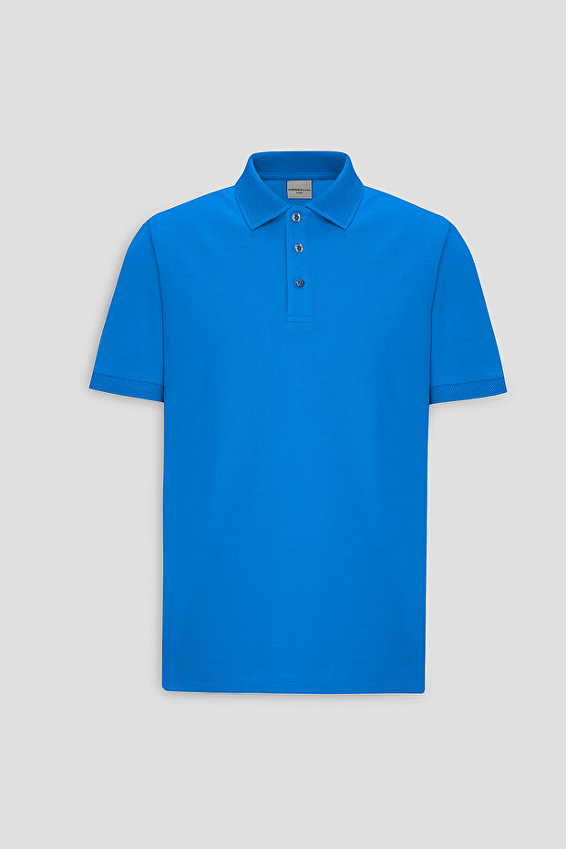 Erkek Royal Mavi %100 Pamuk Kıvrılmaz Pike Polo Yaka Slim Fit Dar Kesim Tişört - 9