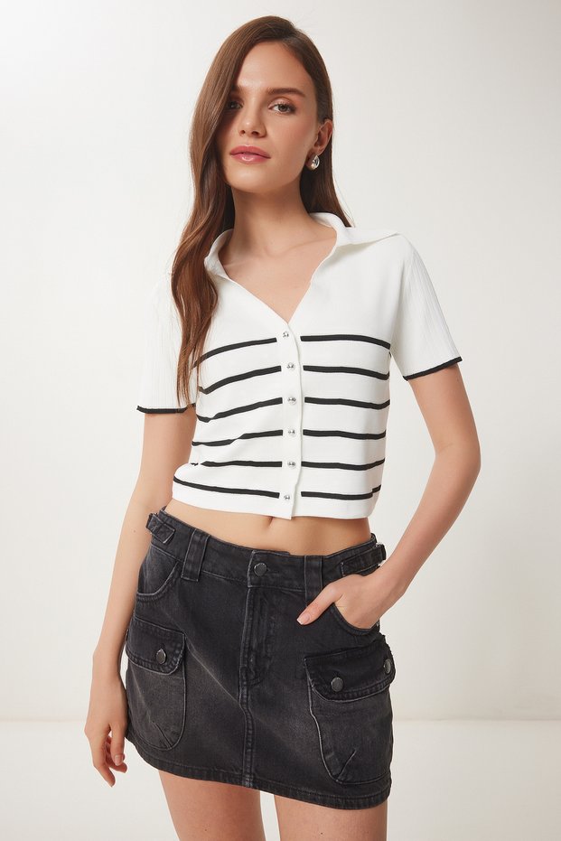 Women's Ecru Black Striped Seasonal Knitwear Cardigan Ub00367