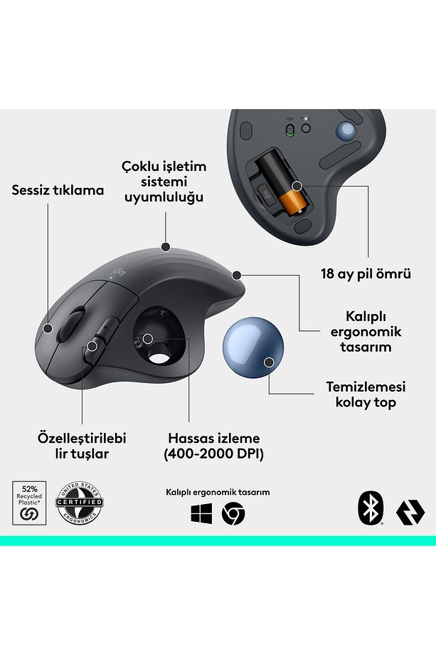 ERGO M575s Kablosuz Trackball Pc/Mac Için Ergonomik Mouse - Siyah - 7