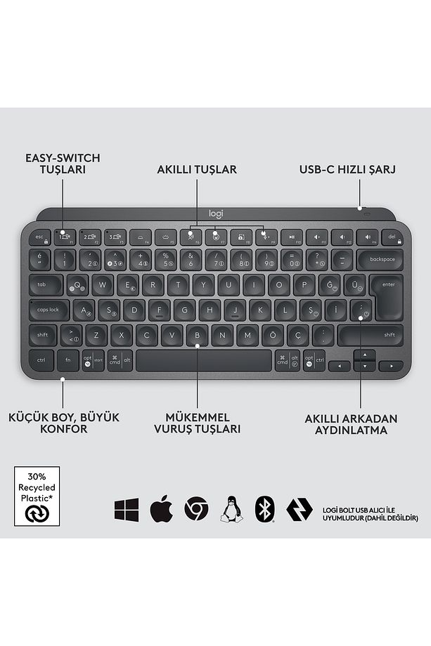 Mx Keys Mini Minimalist Kablosuz Bluetooth Aydınlatmalı Türkçe Q Klavye - Siyah - 7