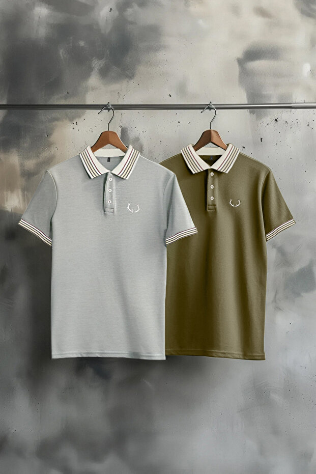 Gri-Haki 2'li Paket Slim/Dar Kesim Geyik Nakışlı %100 Pamuklu Polo Yaka T-Shirt TMNSS24PO00031 - 1