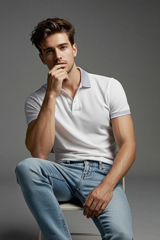 Beyaz Regular/Normal Kesim Polo Yaka T-shirt TMNSS25PO00033 - 5