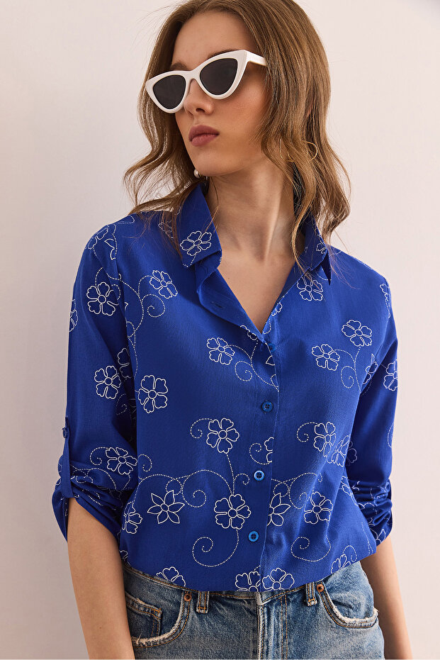 Women's Ivy Cobalt Blue Sleeve Fold Linen Shirt Gml- 19000825