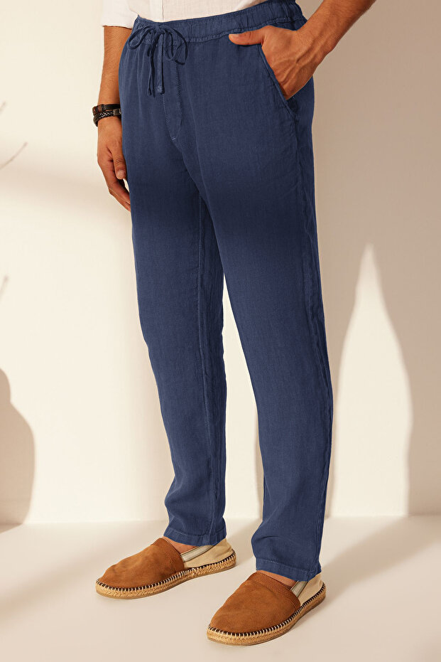 Lacivert %100 Keten Regular Fit Pantolon TMNSS24PL00018 - 7