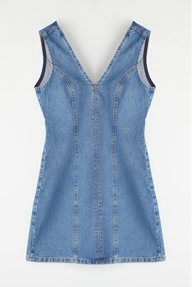 Mavi V Yaka Mini Denim Elbise TWOSS25EL00151 - 5