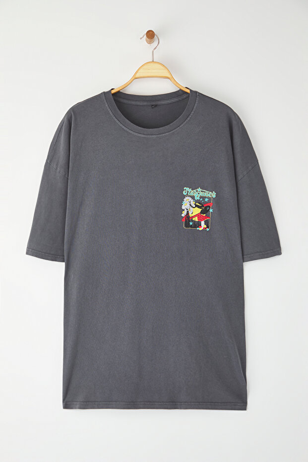 Büyük Beden Antrasit Oversize/Geniş Kesim Soluk Efekt Baskılı %100 Pamuk T-shirt TEDSS25BF00001 - 3