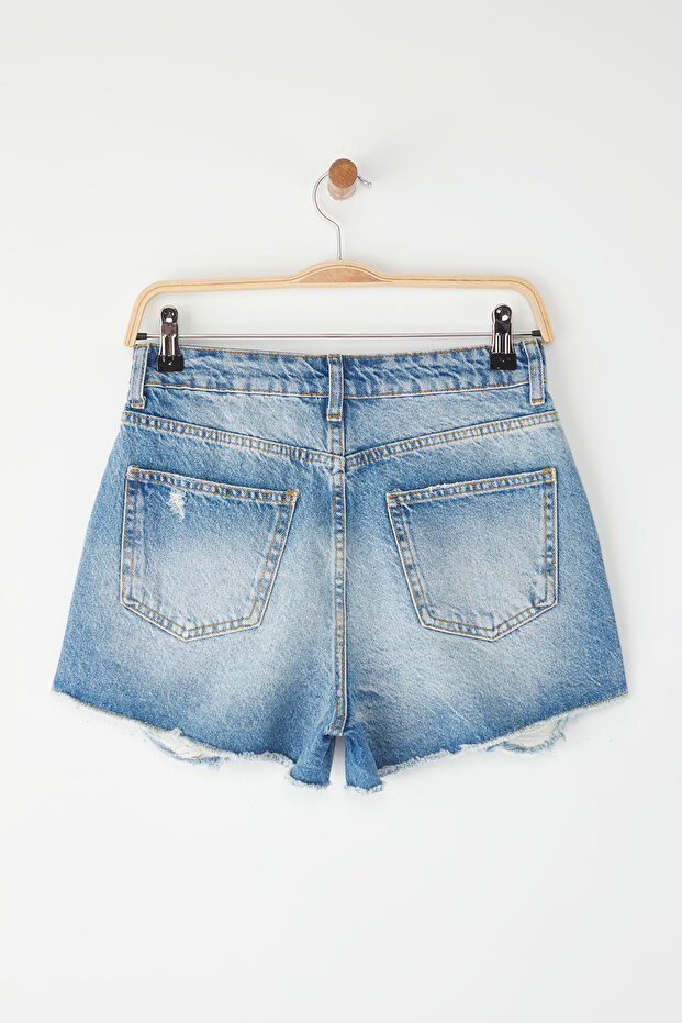 Açık Mavi Yüksek Bel Yırtık Detaylı Mini Denim Şort TWOSS25SR00171 - 6