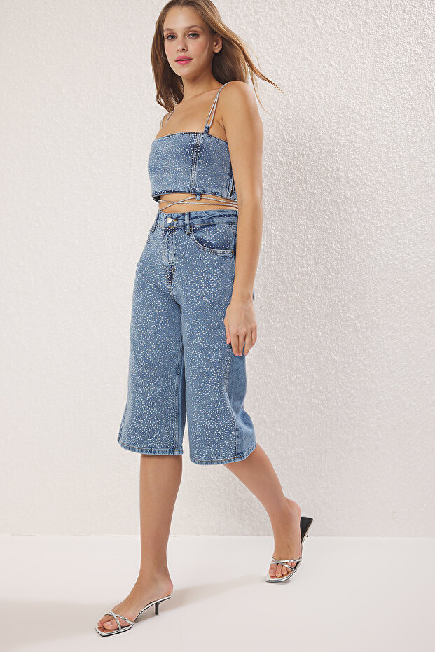 Mavi Taşlı Paçası Kesikli Denim Kapri Bermuda TWOSS25SR00061 - 1